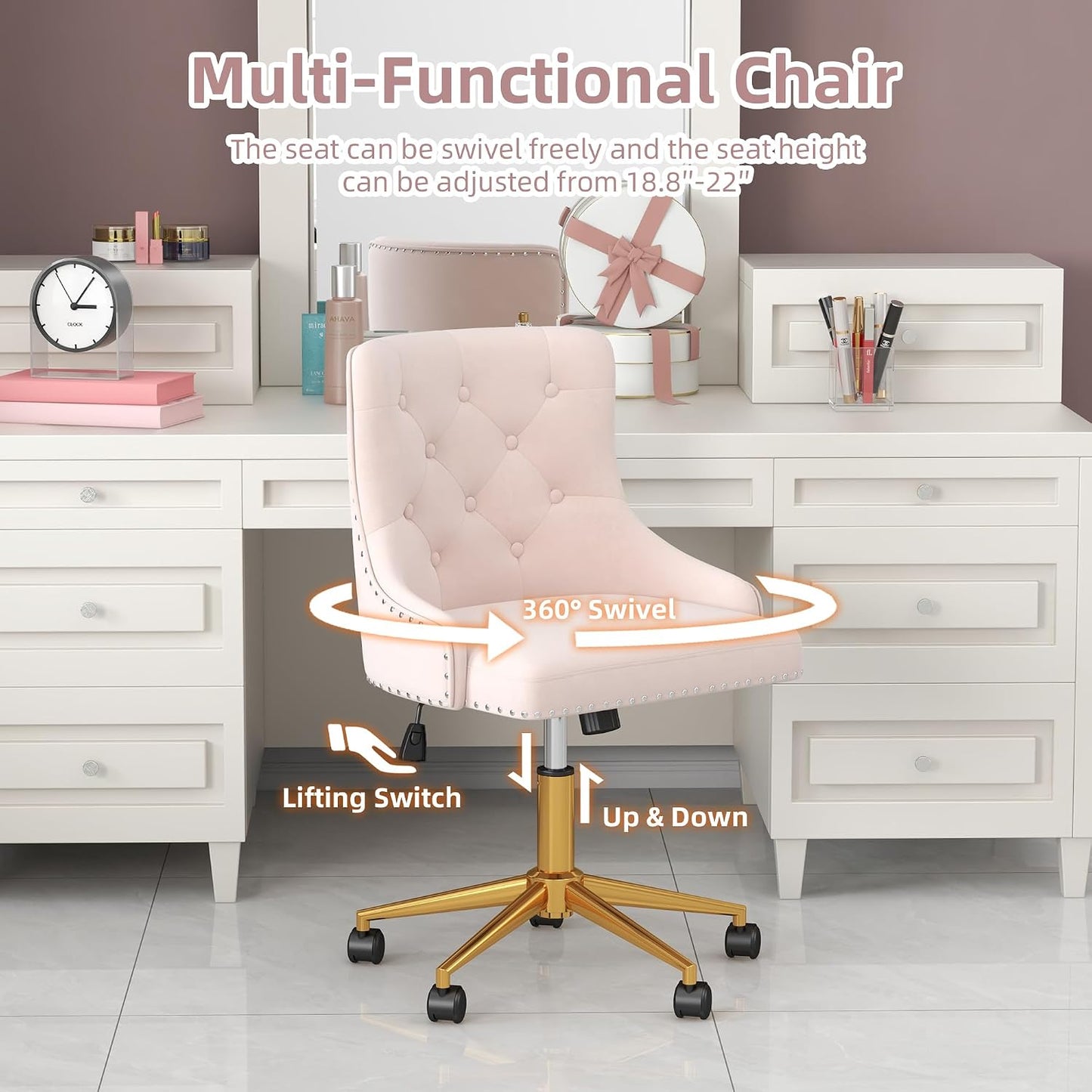 Beige Velvet Swivel Desk Chair Tufted Vanity Chair with Gold Base and Wheels