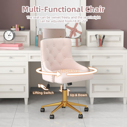 Beige Velvet Swivel Desk Chair Tufted Vanity Chair with Gold Base and Wheels
