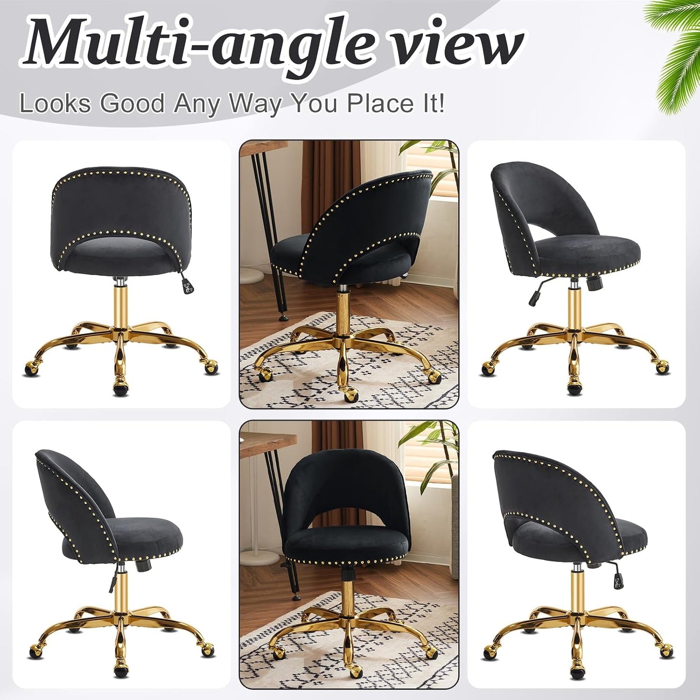Navy Blue Velvet Office Chair Gold Swivel Rolling Vanity Desk Chair
