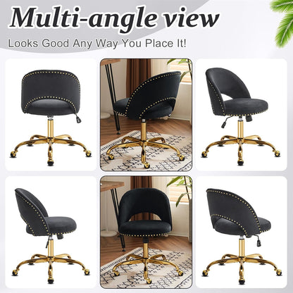 Navy Blue Velvet Office Chair Gold Swivel Rolling Vanity Desk Chair
