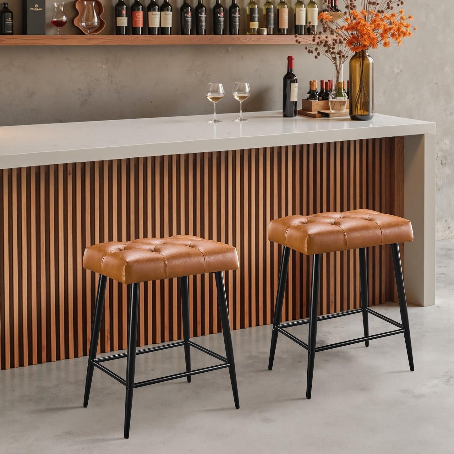 Green Counter Height Bar Stools Set of 2 Upholstered Saddle Seats