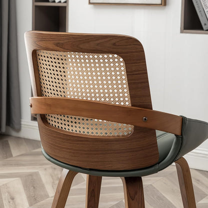 Walnut Rattan Dining Chair with Cane Back Black Upholstered Seat and Arms