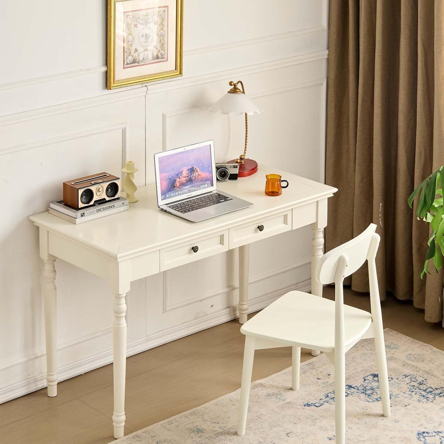 French Country Solid Wood Writing Desk with 2 Drawers Beige Farmhouse Table