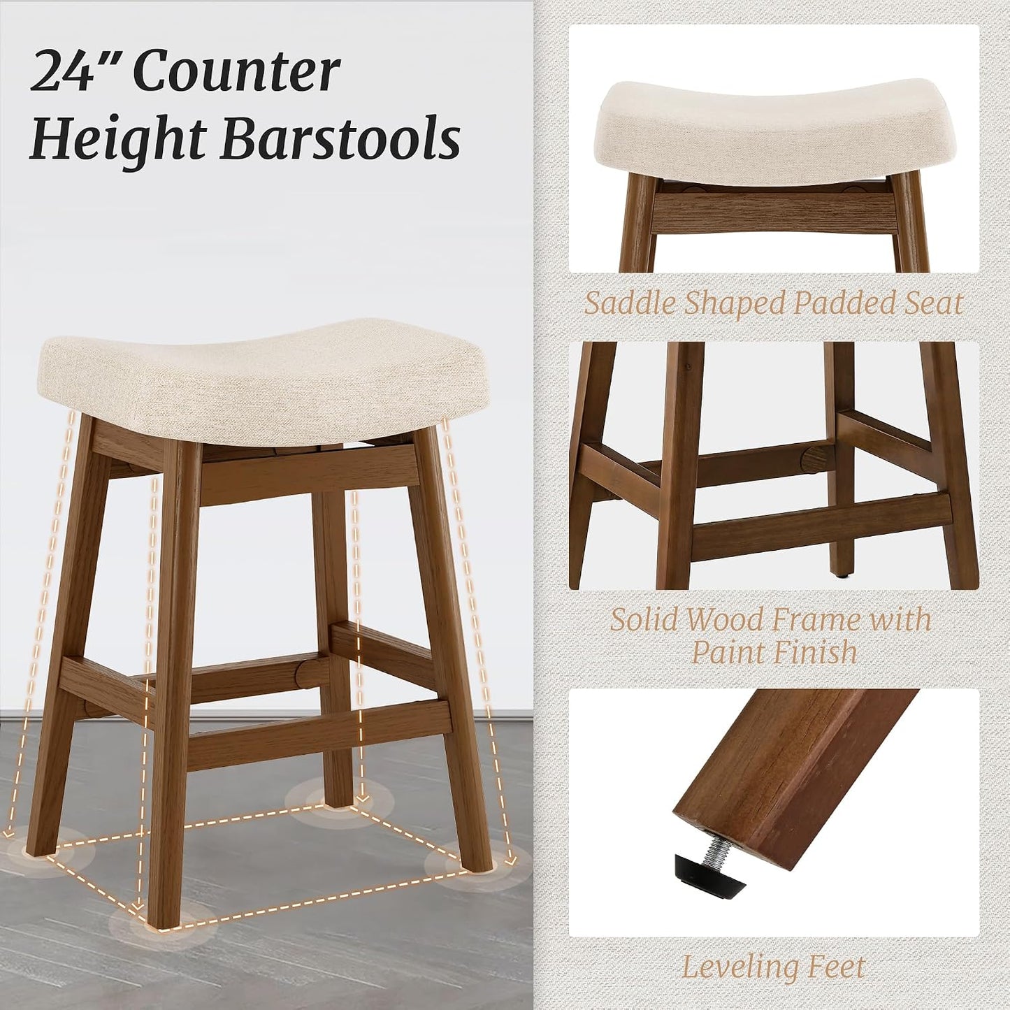 24 Inch Counter Height Bar Stools Set of 2 Antique White Saddle Seats