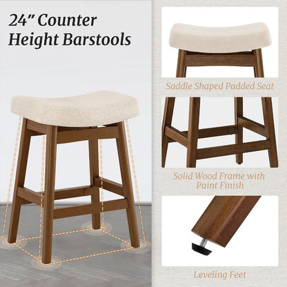 24 Inch Counter Height Bar Stools Set of 2 Antique White Saddle Seats