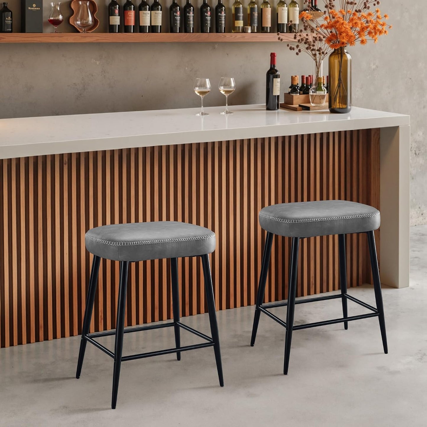 Black Counter Height Bar Stools Set of 2 Upholstered Saddle Seats