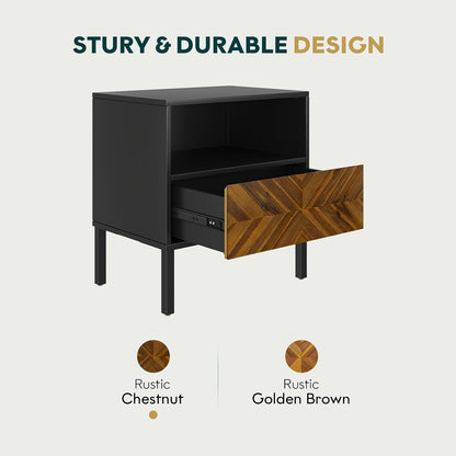 Solid Wood Herringbone Nightstand with Drawer & Open Shelf
