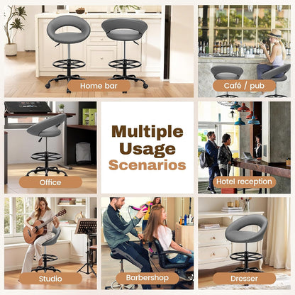 Adjustable Drafting Chair Black Faux Leather Swivel Counter Stool with Wheels
