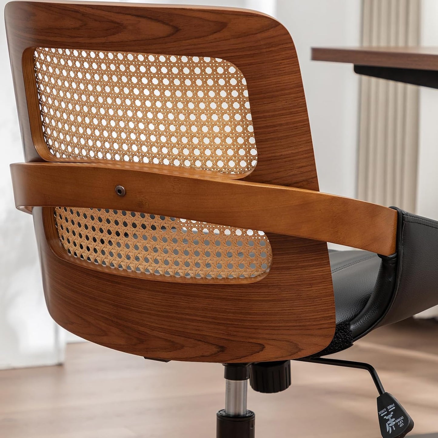 Walnut Rattan Office Chair Green Faux Leather Swivel Rolling Desk Chair