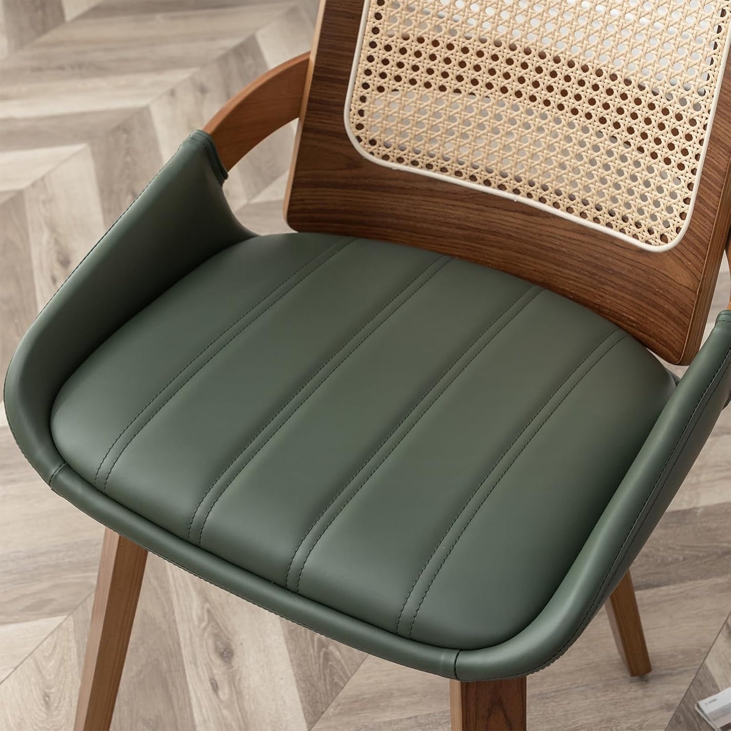 Walnut Rattan Dining Chair with Cane Back Black Upholstered Seat and Arms