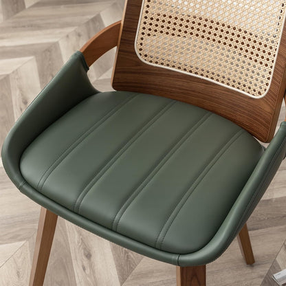 Walnut Rattan Dining Chair with Cane Back Black Upholstered Seat and Arms