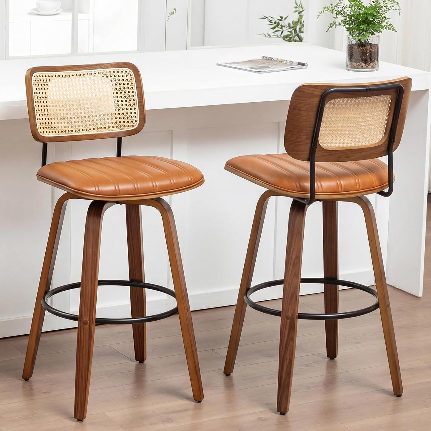 Walnut Rattan Counter Stool with Cane Back Grey Fabric Seat 26 Inch