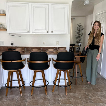 Walnut Swivel Bar Stool with Arms Beige Faux Leather Mid Century Chair
