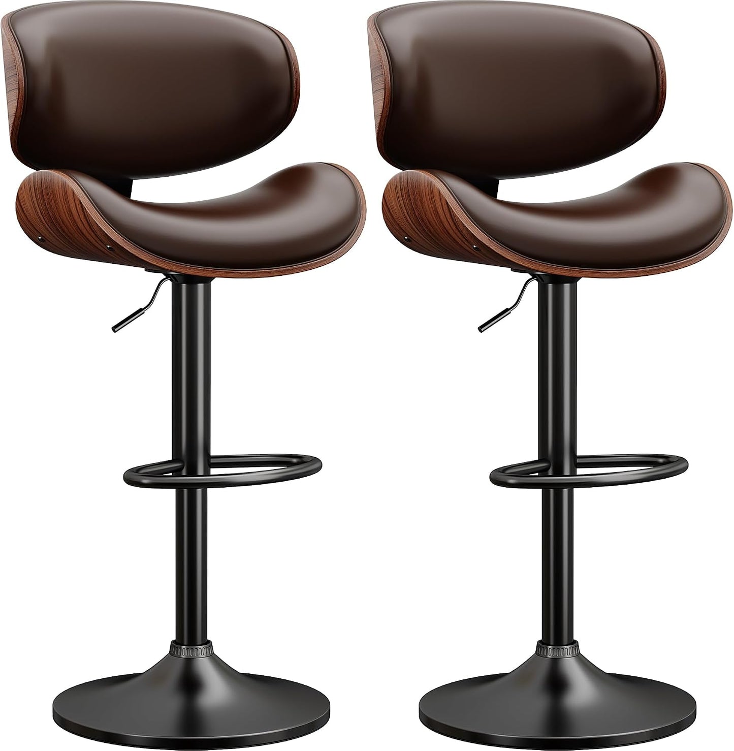 Adjustable Swivel Bar Stool Black PU Leather Walnut Bentwood Counter Chair