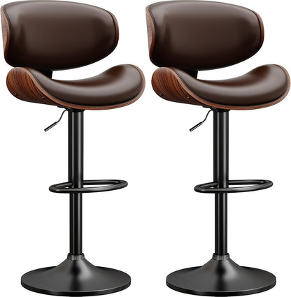 Adjustable Swivel Bar Stool Black PU Leather Walnut Bentwood Counter Chair