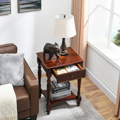 Solid Wood Oval End Table Cherry Walnut with Drawer and Storage Shelf