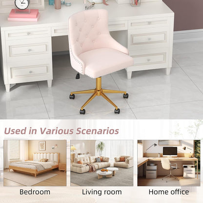 Beige Velvet Swivel Desk Chair Tufted Vanity Chair with Gold Base and Wheels
