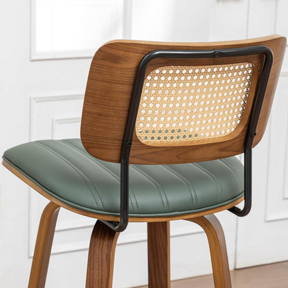 Walnut Rattan Swivel Bar Stool Cane Back Beige Faux Leather 30 Inch