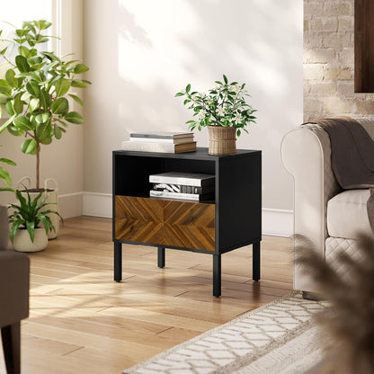 Solid Wood Herringbone Nightstand with Drawer & Open Shelf