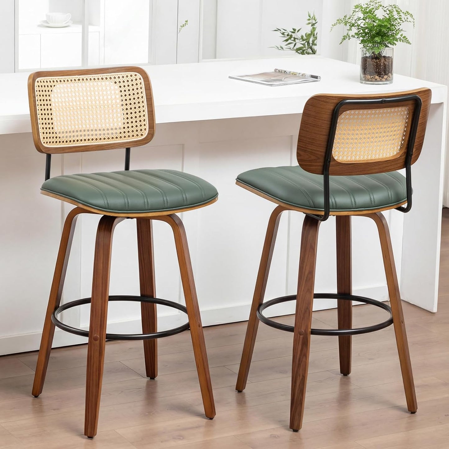 Walnut Rattan Swivel Bar Stool Cane Back Beige Faux Leather 30 Inch
