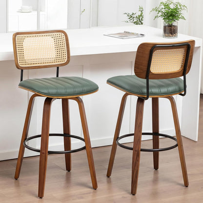 Walnut Rattan Swivel Bar Stool Cane Back Beige Faux Leather 30 Inch