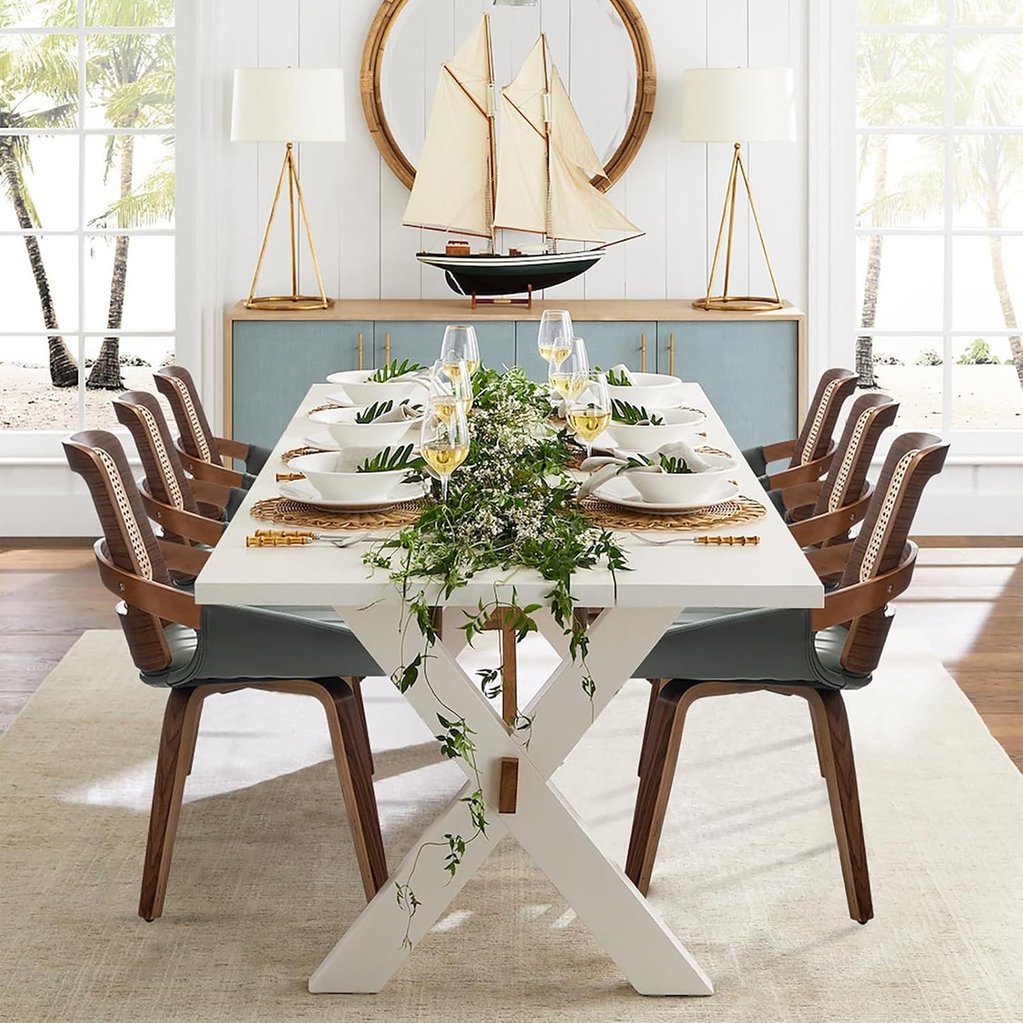 Walnut Rattan Dining Chair with Cane Back Black Upholstered Seat and Arms
