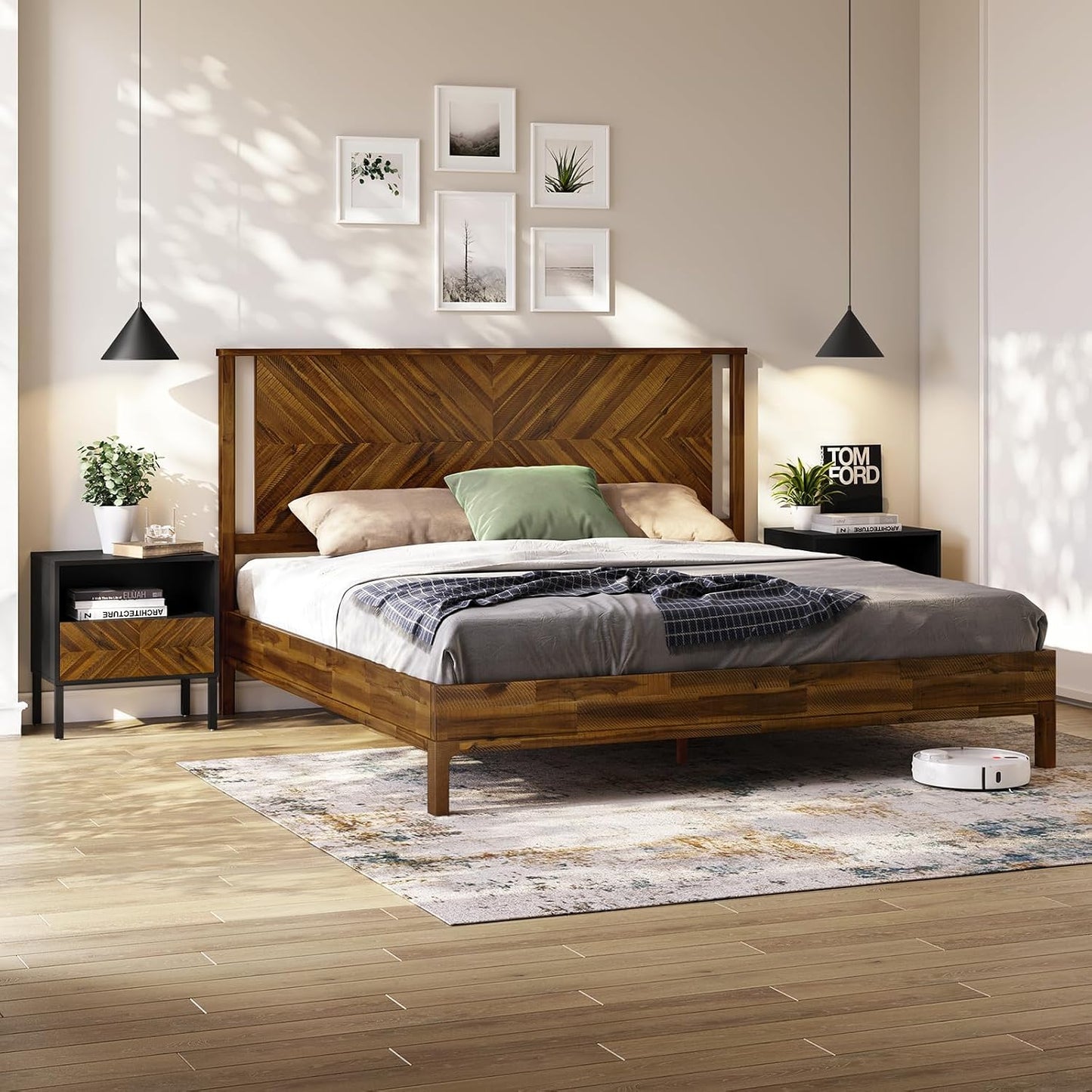 Solid Wood Herringbone Nightstand with Drawer & Open Shelf
