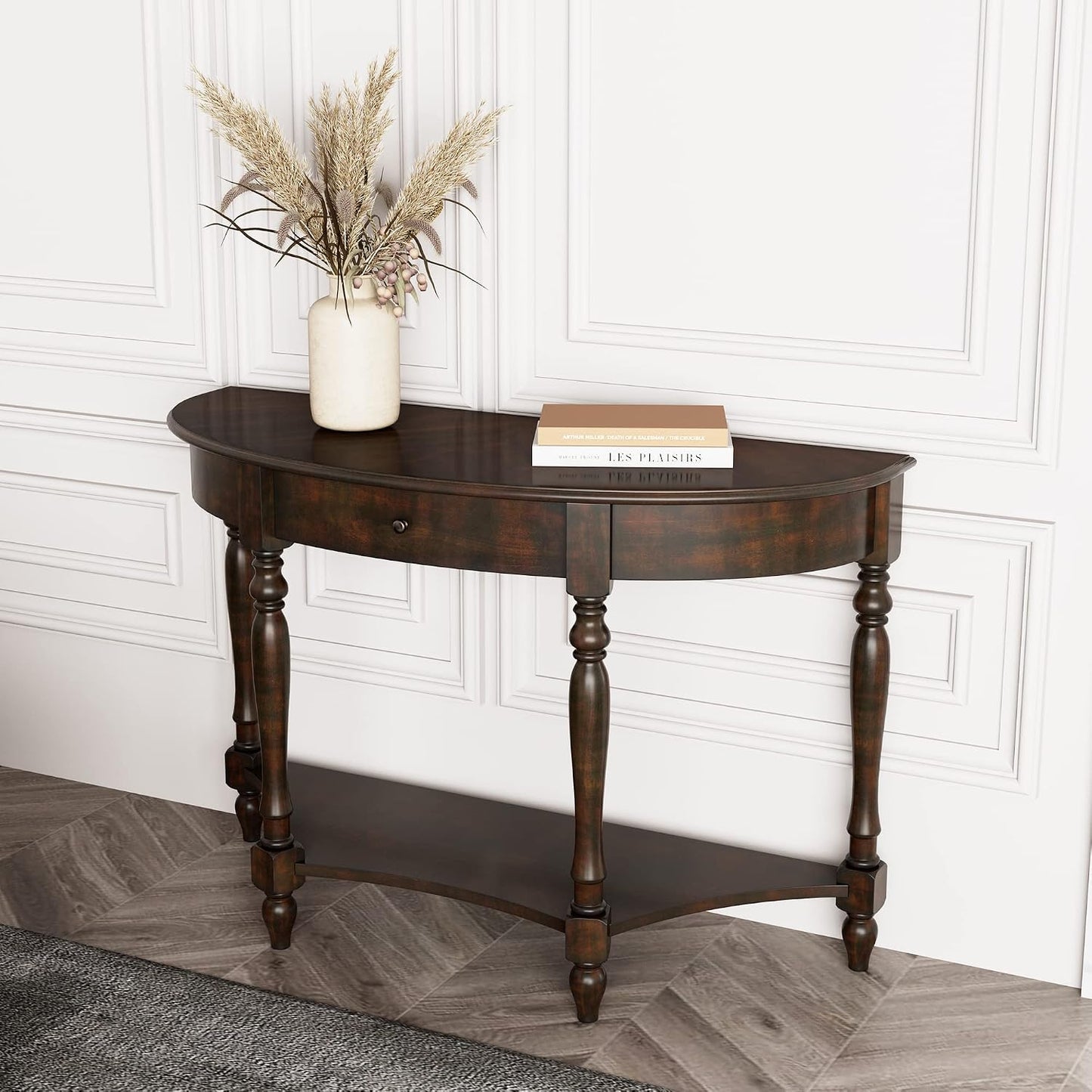 Solid Wood Demi Lune Console Table with Drawer and Storage Shelf