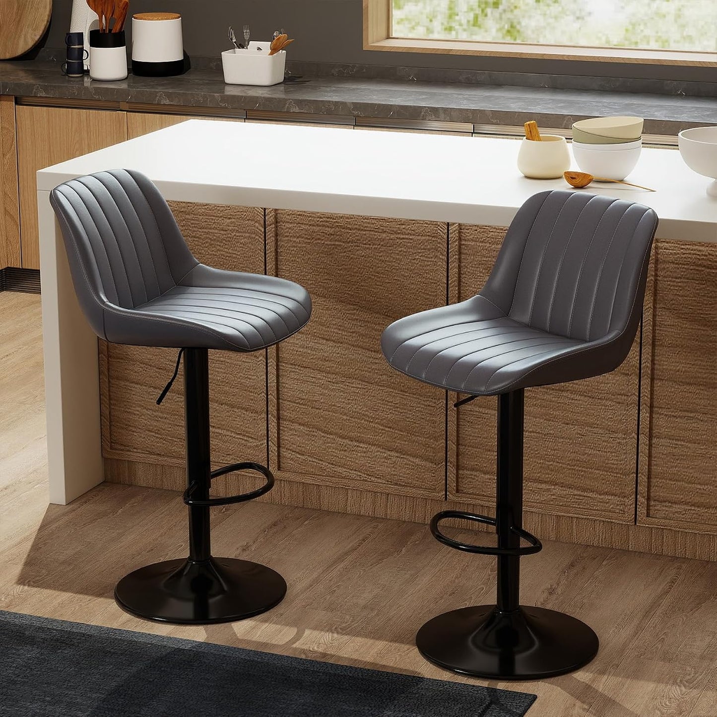 Adjustable Swivel Bar Stool Black Faux Leather Counter Height Metal Base