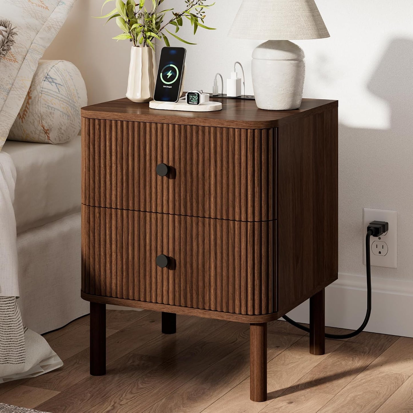 Modern Fluted Nightstand with Charging Station & 2 Drawers