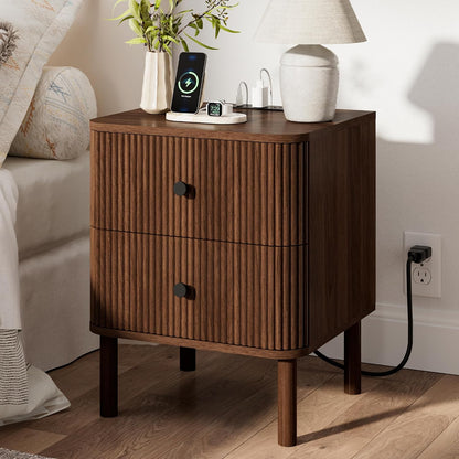 Modern Fluted Nightstand with Charging Station & 2 Drawers