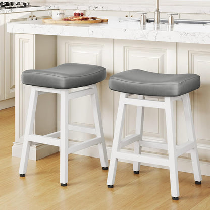 24 Inch Black Counter Height Bar Stools Set of 2 Bonded Leather Saddle Seats