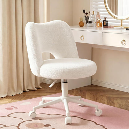 White Teddy Vanity Chair Armless Adjustable Swivel Desk Chair with Wheels