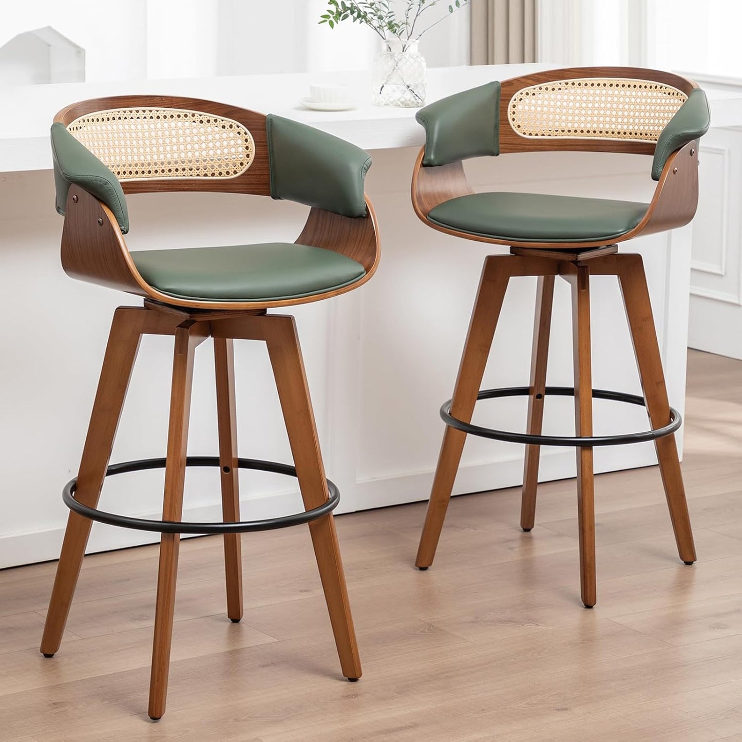 Walnut Cane Swivel Counter Stools Green Faux Leather Mid Century Set of 2