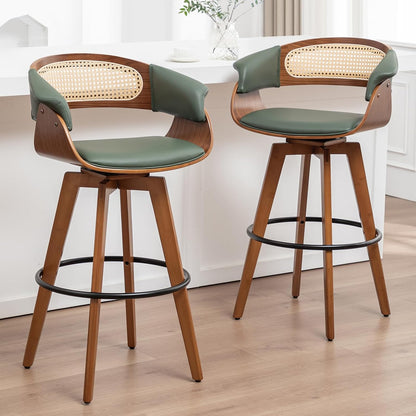 Walnut Cane Swivel Counter Stools Green Faux Leather Mid Century Set of 2