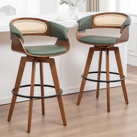Walnut Cane Swivel Counter Stools Green Faux Leather Mid Century Set of 2
