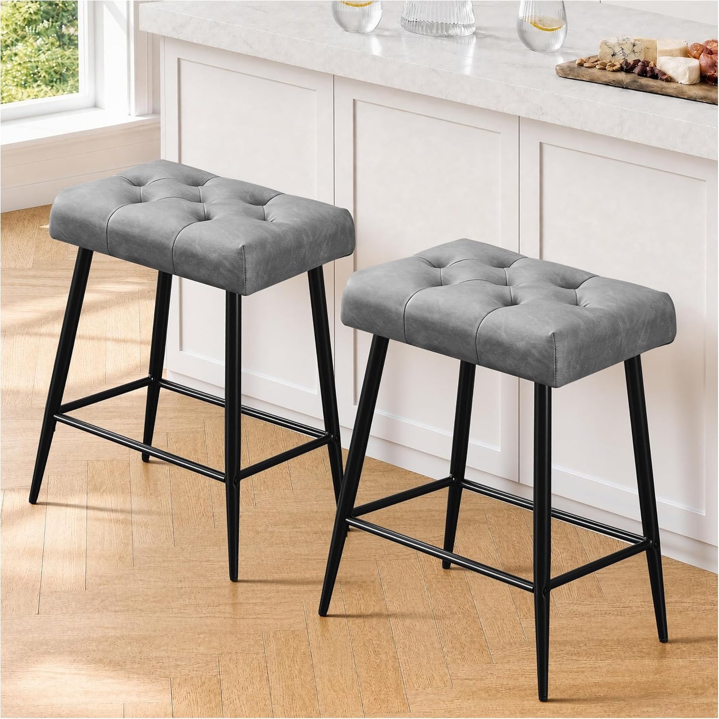 Green Counter Height Bar Stools Set of 2 Upholstered Saddle Seats