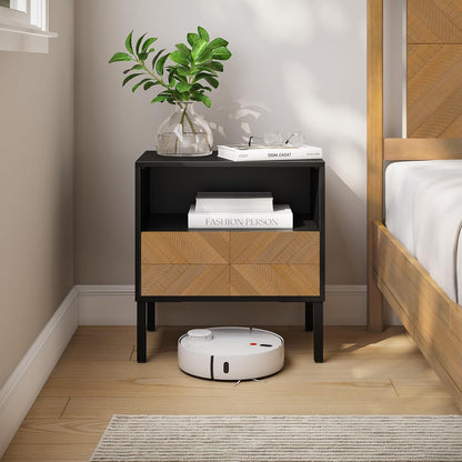 Solid Acacia Wood Herringbone Nightstand with Drawer & Open Shelf