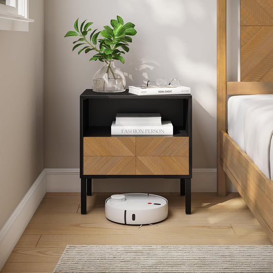 Solid Acacia Wood Herringbone Nightstand with Drawer & Open Shelf