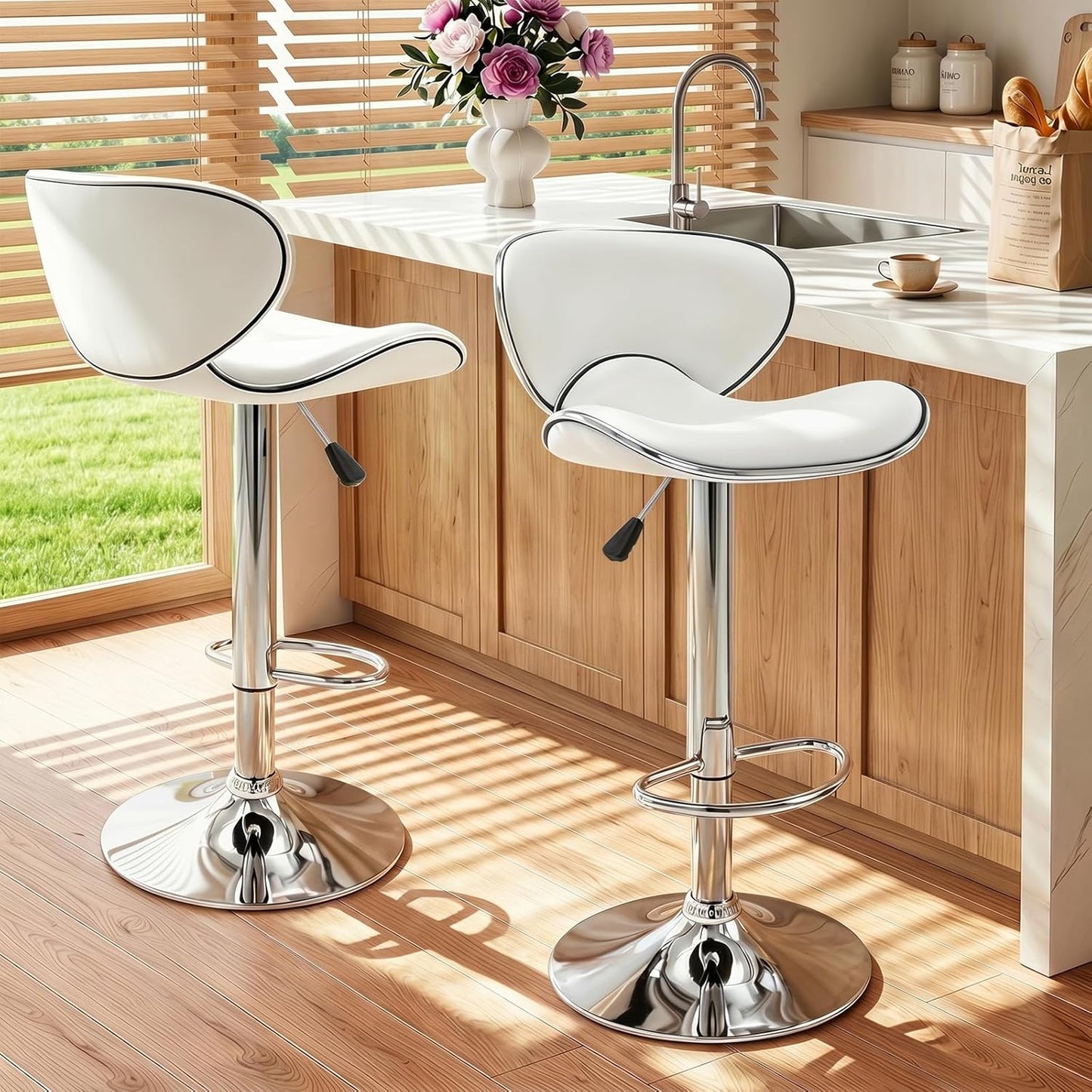 Blue Adjustable Bar Stools Set of 2 Modern Swivel Faux Leather Counter Chairs