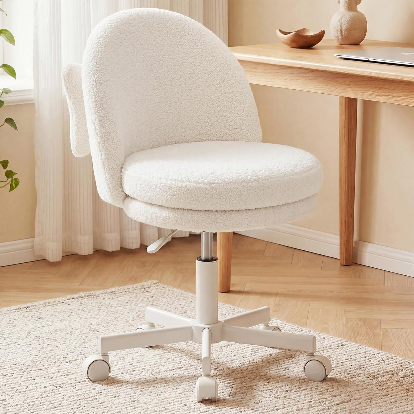 Pink Velvet Vanity Chair Adjustable Swivel Rolling Desk Chair with Lumbar Pillow