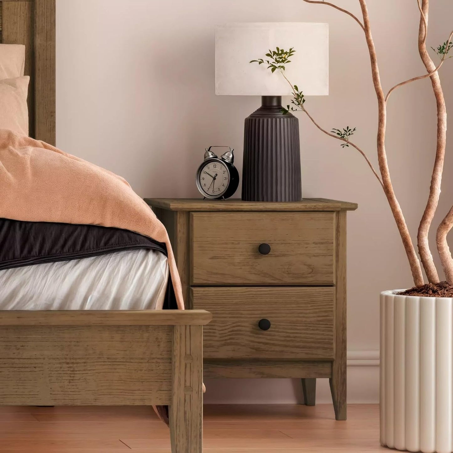 Solid Pine Wood 2-Drawer Nightstand – Brushed Walnut Bedside Table