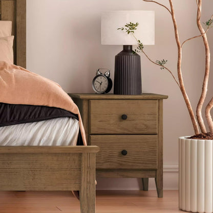 Solid Pine Wood 2-Drawer Nightstand – Brushed Walnut Bedside Table