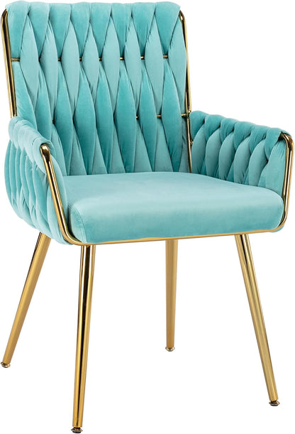 Beige Velvet Vanity Chair Hand Woven Gold Leg Upholstered Accent Chair