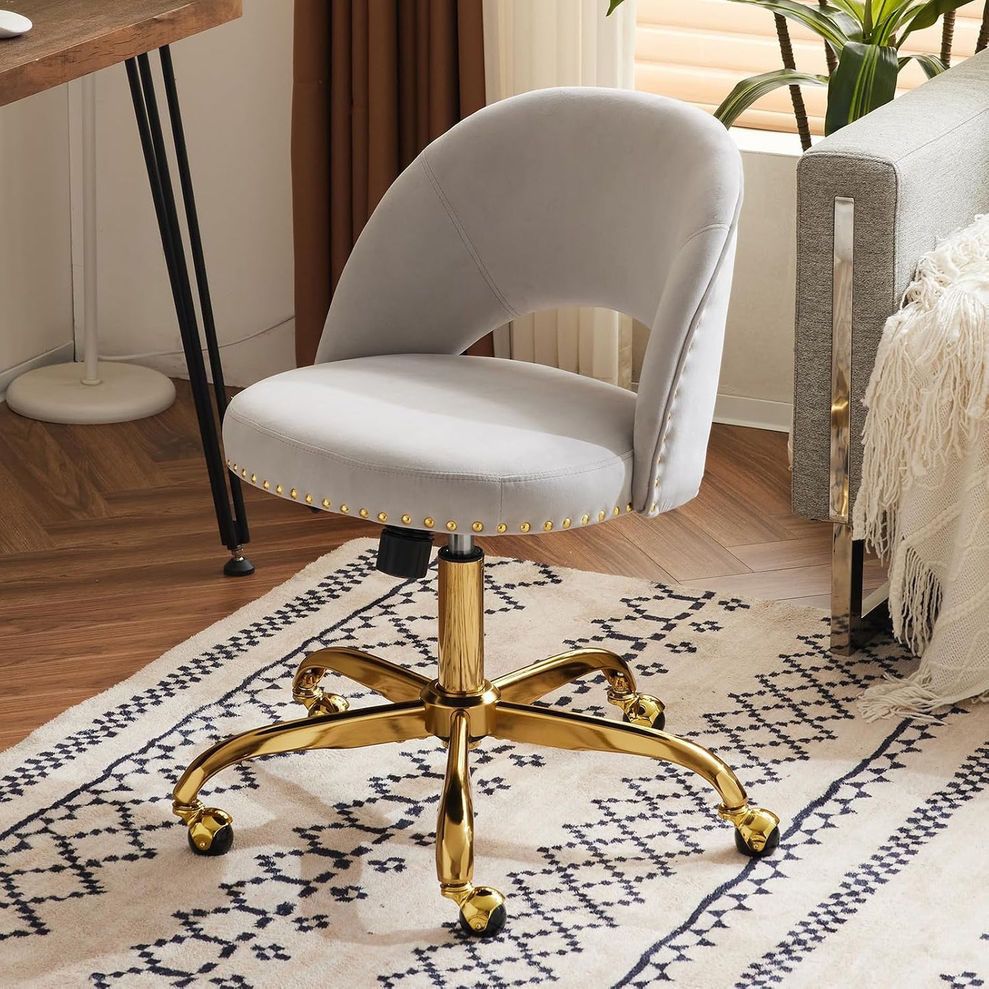 Navy Blue Velvet Office Chair Gold Swivel Rolling Vanity Desk Chair