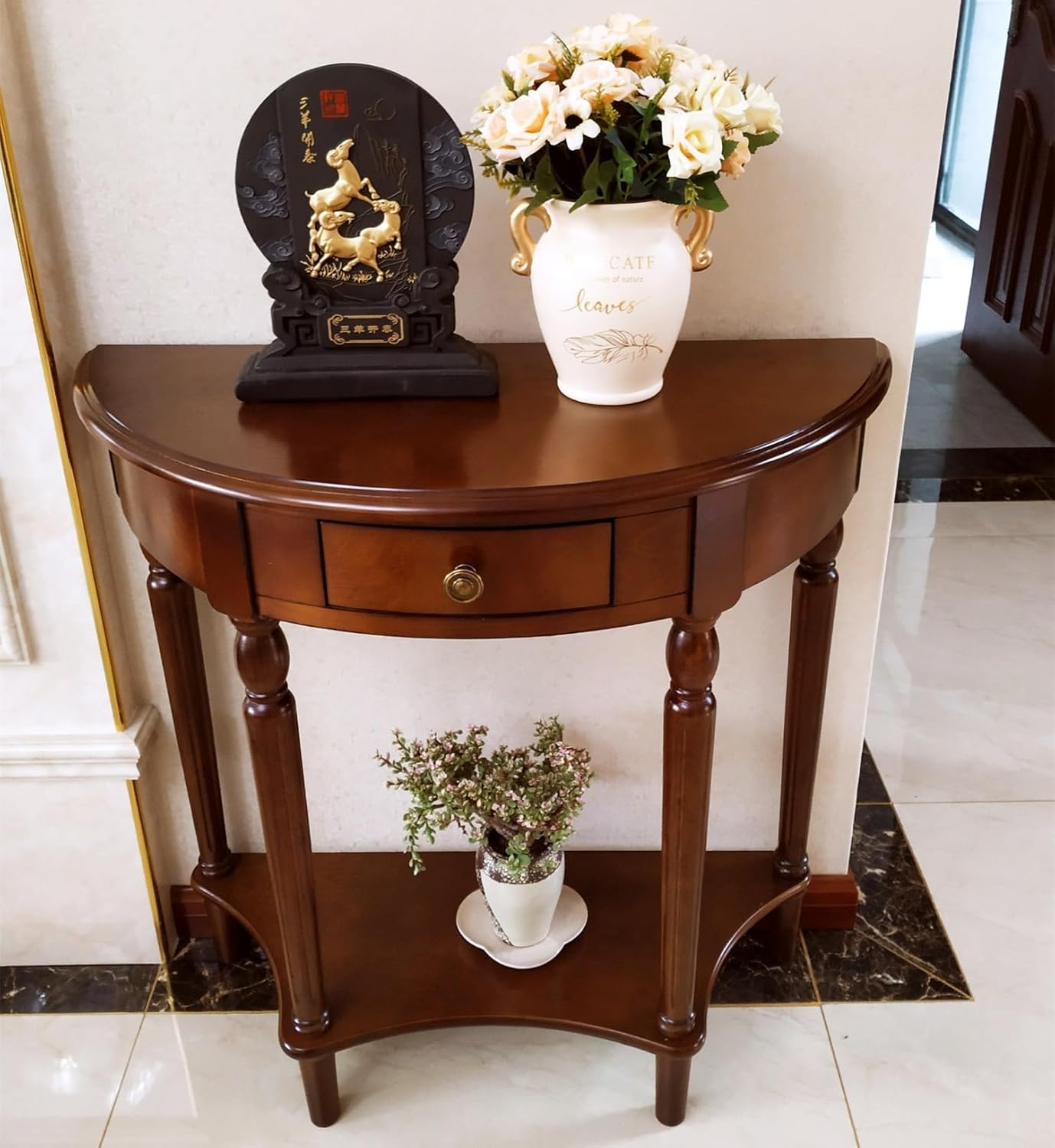 Solid Wood Half Moon Console Table with Drawer Cherry Wood Entryway Table