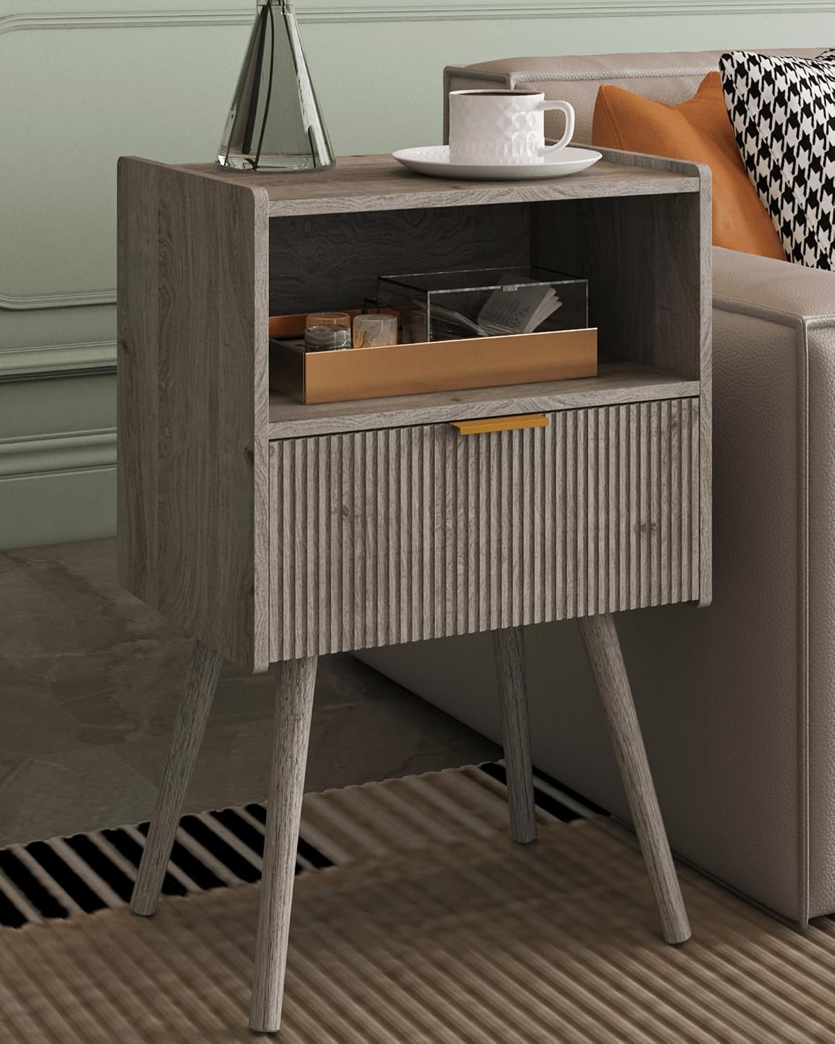 Modern Walnut Brown Fluted Nightstand with Drawer & Open Shelf