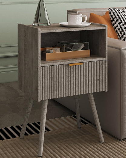 Modern Walnut Brown Fluted Nightstand with Drawer & Open Shelf