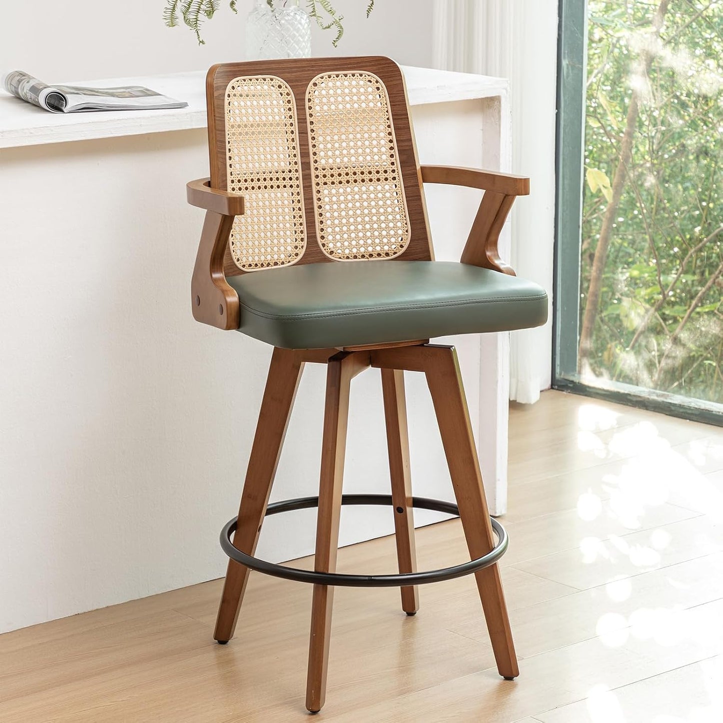 Walnut Rattan Swivel Counter Stool with Arms Green Upholstered Seat