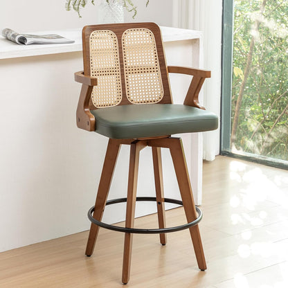Walnut Rattan Swivel Counter Stool with Arms Green Upholstered Seat